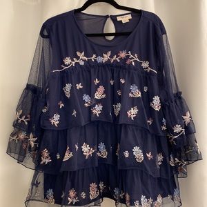 Style & Co XL blue tulle ruffle tiered embroidered blouse